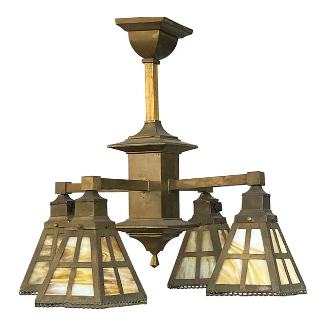 Antique Arts & Crafts Mission 4-Light Brass Chandelier With Colorful "Slag Glass" Shades For Sale