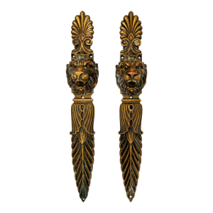 Pair Vintage Continental Bronze Lion Head Wall Mounts – Neoclassical Hollywood Regency – Ornate Architectural Plaques