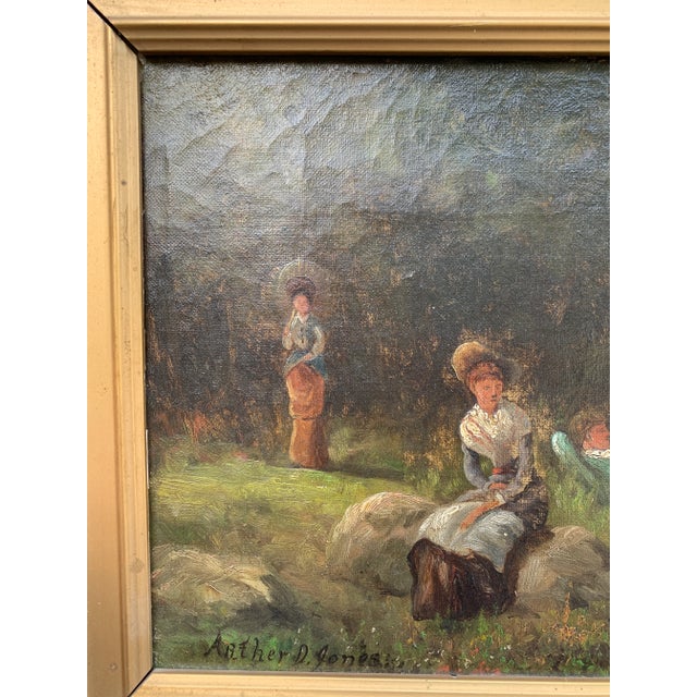 Antique Country Landscape With Three Ladies in a Carved Giltwood Frame For Sale - Image 12 of 17