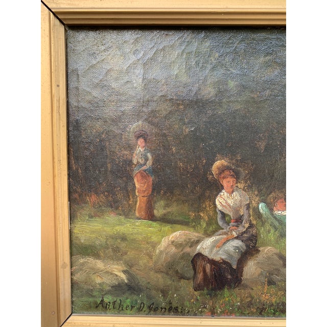 Antique Hand Painted Framed Oil on Canvas Ladies in a Landscape Painting For Sale - Image 11 of 16