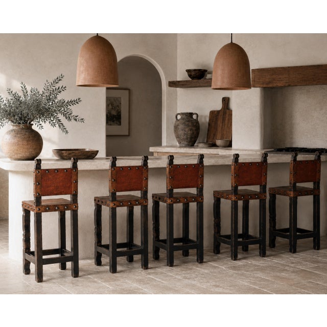 Mexican Vintage Spanish Colonial Hacienda Style Leather Bar Stools - Set of 5 For Sale - Image 3 of 10