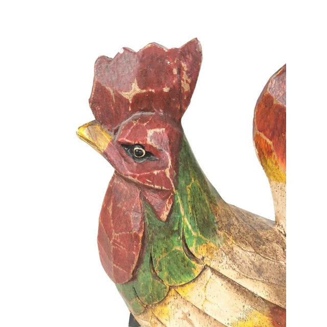 Folk Art 1990s Rooster Matching Bookends Folk Art Pair Hand Carved Wood Polychrome Decor 8" For Sale - Image 3 of 8