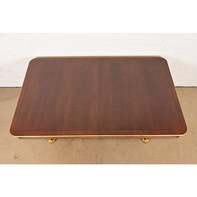 Baker Furniture Stately Homes Collection Mahogany, Burl Wood, and Parcel-Gilt Double Pedestal Extension Dining Table, Newly Restored For Sale - Image 9 of 18