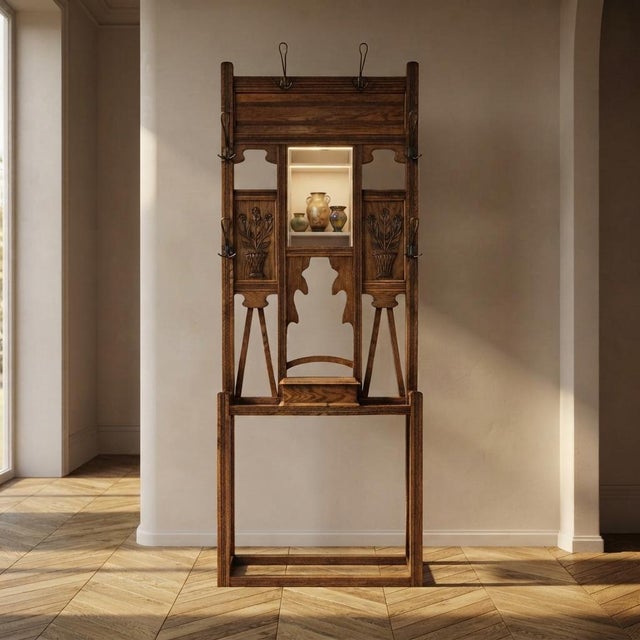Vintage Carved Oak Hall Tree with Mirror and Coat Hooks, 1940s For Sale - Image 17 of 17
