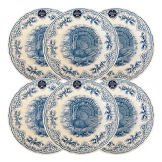 English Blue & White Transferware Turkey Thanksgiving Dinner Plates - Set of 6 For Sale