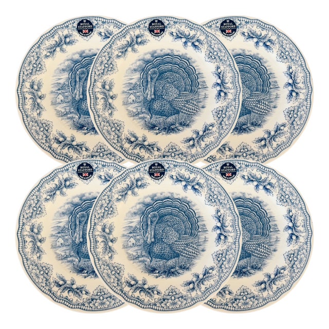 English Blue & White Transferware Turkey Thanksgiving Dinner Plates - Set of 6 For Sale