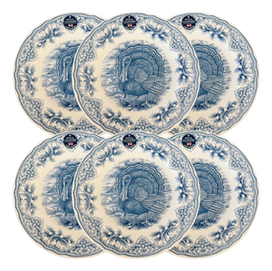 English Blue & White Transferware Turkey Thanksgiving Dinner Plates - Set of 6