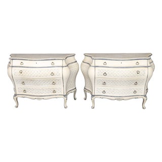 Pair 20th C. Italian Creme Painted 4 Drawer Bombe Commodes For Sale