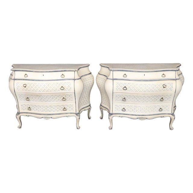 Pair 20th C. Italian Creme Painted 4 Drawer Bombe Commodes For Sale