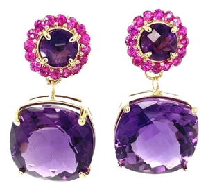 11.24 Carat Amethyst Sapphire Yellow Gold Drop Earrings - 2 Pieces