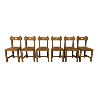 Rustic Blonde Oak Dining Chairs, 1960s, Set of 6 For Sale