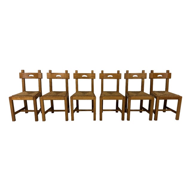 Rustic Blonde Oak Dining Chairs, 1960s, Set of 6 For Sale