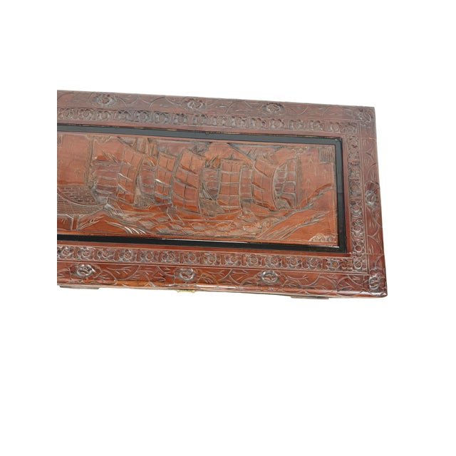 Brown Vintage Asian Carved Wood Storage Chest With Figural Relief Panels For Sale - Image 8 of 18