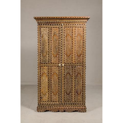 Mid 20th Century Anglo Indian Style Mango Wood Tall Cabinet with Floral Themed Bone Inlaid Décor For Sale - Image 5 of 12
