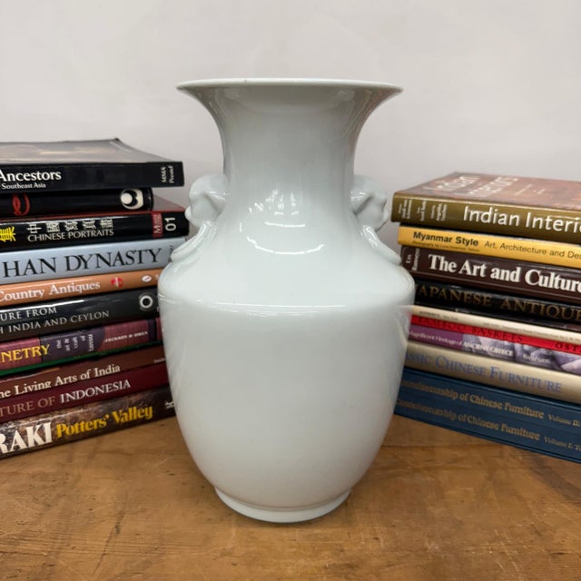 White Glazed Ceramic Vase with Foo Dog Handles For Sale - Image 4 of 9