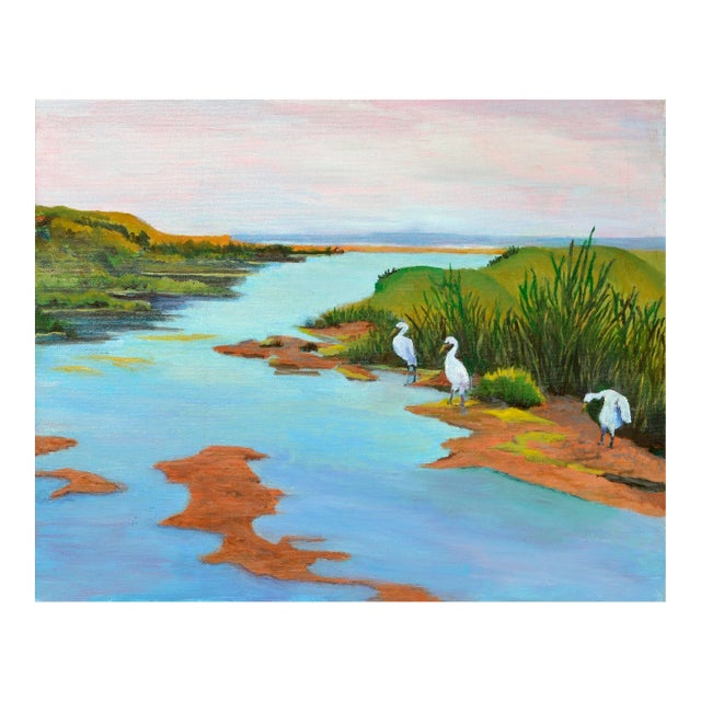 Three Cranes - Coastal Landscape in Oil on Canvas by Barbara Wilson For Sale