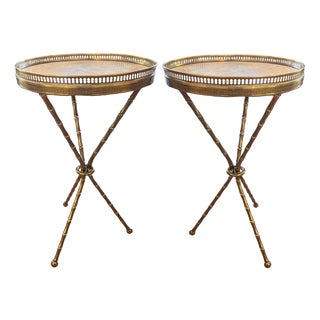 Mid-Century Brass and Marble Faux Bamboo Tripod Side Tables, France, 1950s, Set of 2 For Sale