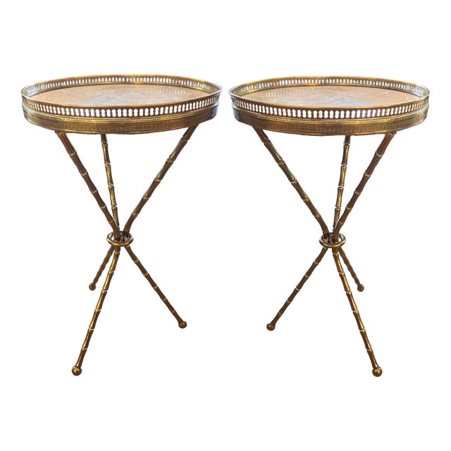 Mid-Century Brass and Marble Faux Bamboo Tripod Side Tables, France, 1950s, Set of 2 For Sale