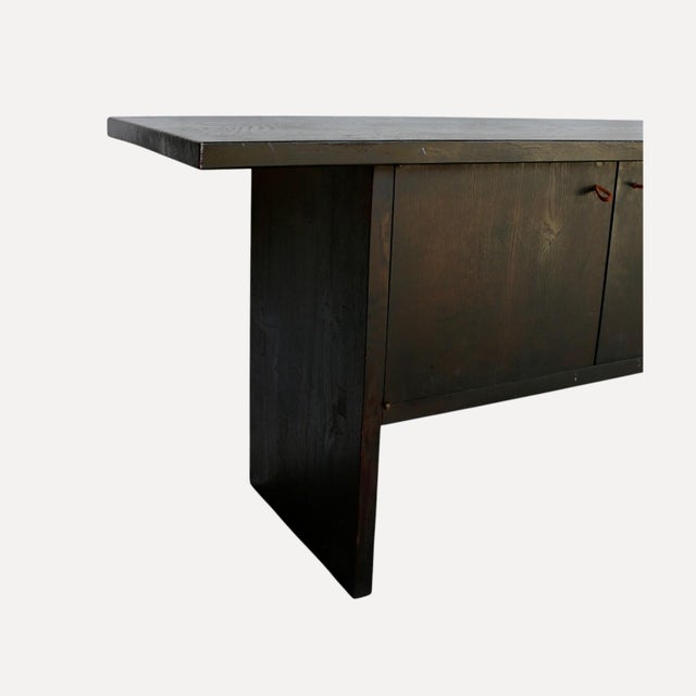 Large Dark-Stained Oak Sideboard with Overhanging Top and 3 Large Doors with Leather Straps, France, 1950s For Sale - Image 11 of 13