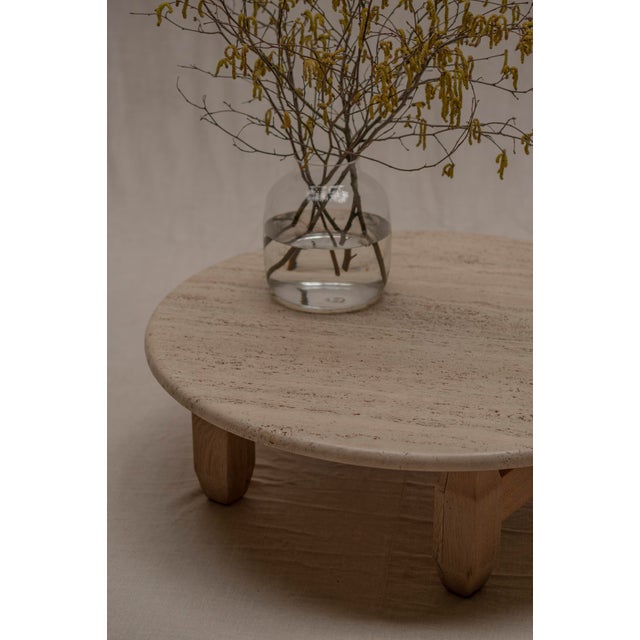Brutalist Round Coffee Table in Travertine and Oak, 1960s For Sale - Image 9 of 11