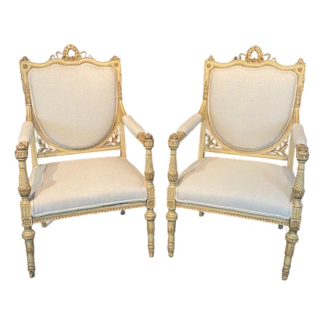 Antique Painted French Neoclassical Armchairs With New Upholstery - A Pair For Sale