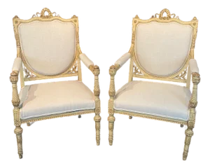 Antique Painted French Neoclassical Armchairs With New Upholstery - A Pair