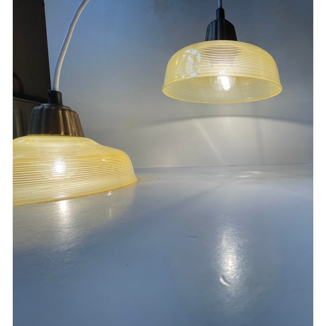 Vintage Art Deco Brass and Striped Yellow Glass Pendant Lamps from Lyfa, 1940s, Set of 2 For Sale - Image 9 of 13
