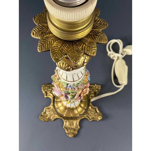 Vintage Italian Brass and Porcelain Table Lamp with Hand-Painted Flowers from Capodimonte For Sale - Image 4 of 11