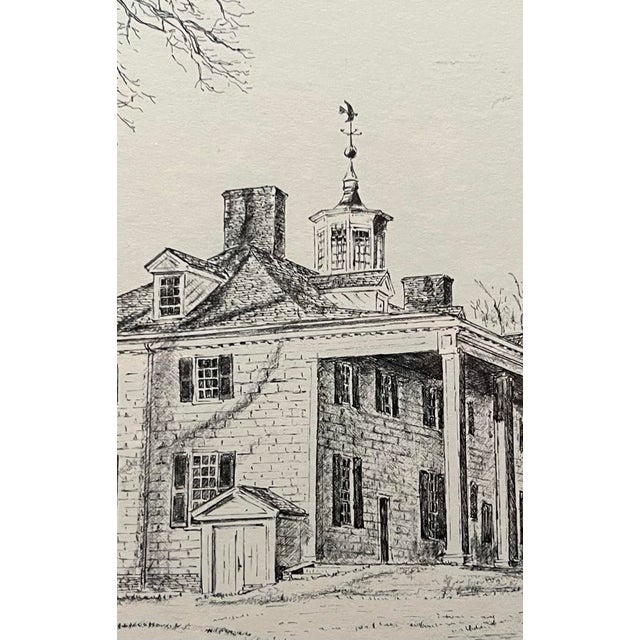 Off-white 1970s Framed Prints of Virginia Woodlawn Plantation & Mount Vernon Etchings by Acclaimed Architectural Portraitist, Bulent Atalay For Sale - Image 8 of 12