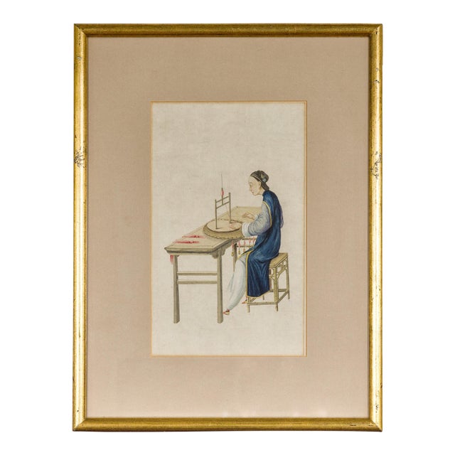 Woman in a Blue Dress Threading Silk Chinese Watercolor in Gilt Frame For Sale