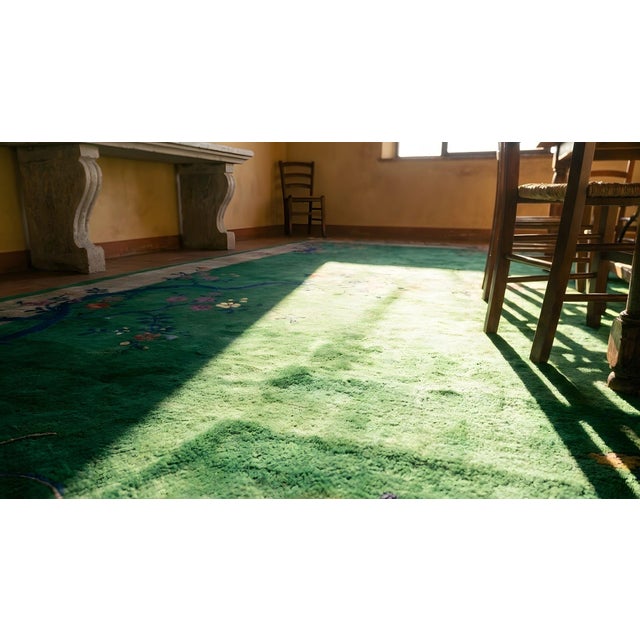 Outstanding Green Open Field Wiht Gray Border in a Floral Pattern Antique Chinese Art Deco Rug For Sale - Image 14 of 14