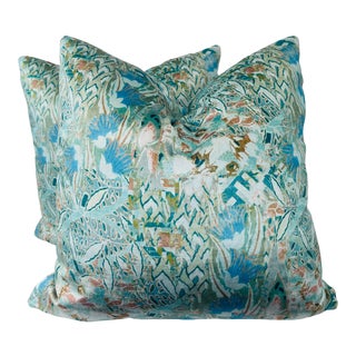 Printed Velvet in Aqua 22” Pillows-A Pair For Sale
