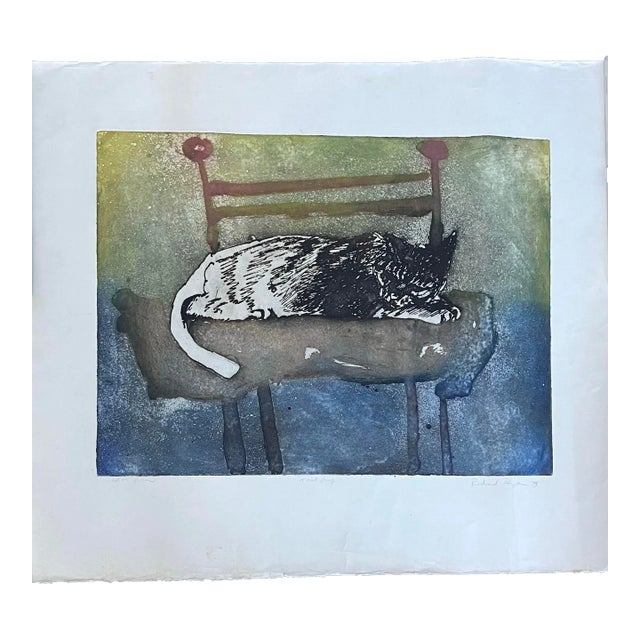 1970’s Original Abstract Expressionist Lithograph by Richard Royce “Cat on Pillow” For Sale