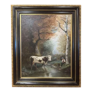 19th Century French Oil on Canvas Pastoral Cow Painting in Black and Gilt Frame