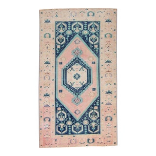 1950s Vintage Medallion Blush Aqua Hand-Knotted Rug - 3’10” X 6’9” For Sale