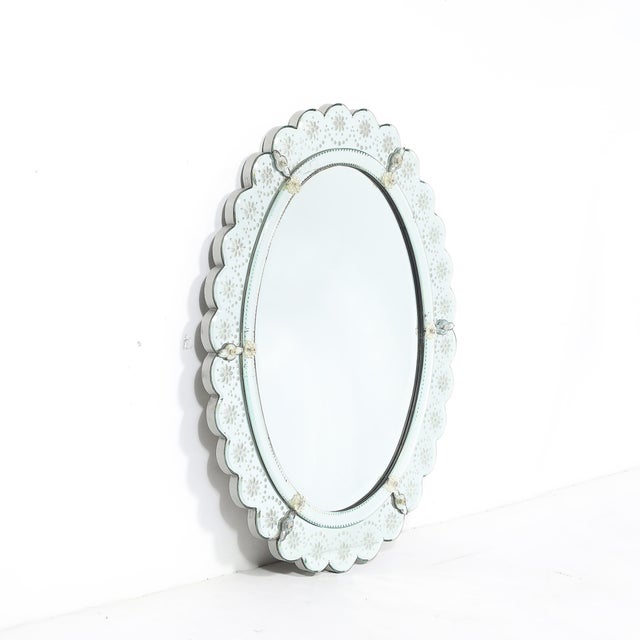 This elegant Mid-Century Modernist Scallop Design Reverse-Etched &amp; Beveled Mirror originated in France, circa 1960. A...