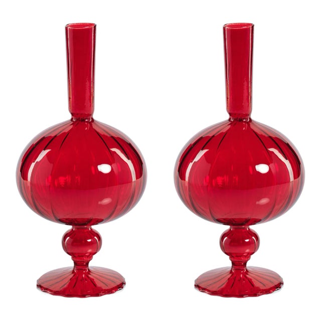 Vellum 2-Piece Set Large Red Spiral Glass Vases, Onion Shape For Sale
