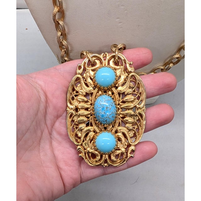 Vintage 1960s Signed Napier Goldtone Cabochon Faux-Turquoise Pendant Necklace For Sale - Image 9 of 10