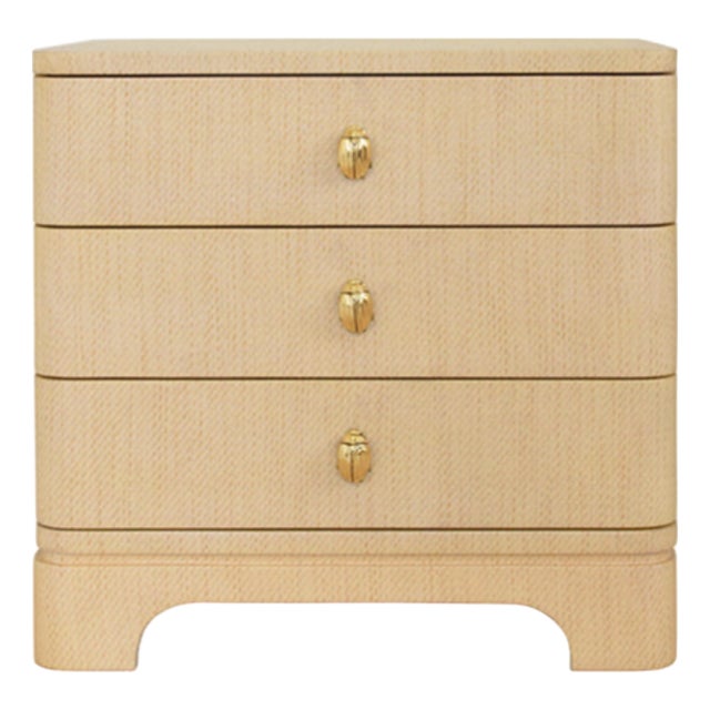 Matthew Izzo Home Fortune Natural Grasscloth Three Drawer Side Table With Brass Beetle Knobs For Sale
