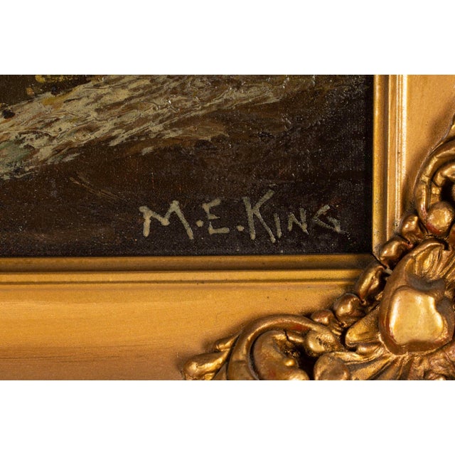 A serene oil on canvas river landscape by Mary Elizabeth King (20th Century), beautifully capturing a tranquil river...