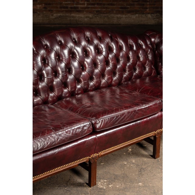 Vintage Chippendale-Style Camelback Chesterfield Leather Sofa in Oxblood For Sale - Image 9 of 12
