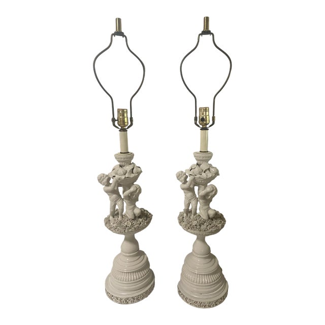 French Neoclassical Blanc-De-Chine Porcelain Cherub Style Lamp a Pair For Sale