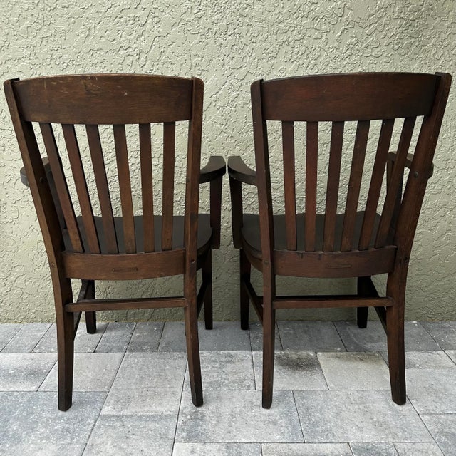 Early 21st Century Vintage Wood Courthouse Chairs by Monroe Benbrook & Co. Chicago Set of 2 For Sale - Image 5 of 12