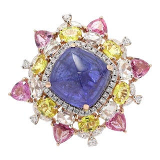 Chic Multi Gemstone Diamond Cocktail Ring Size 6 in 14k Yellow Gold, 18.52 Ct For Sale