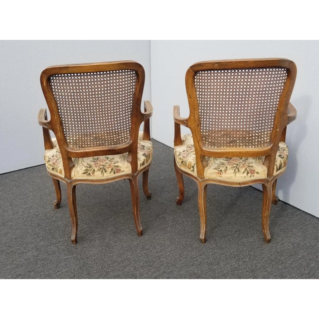 Mid 20th Century Vintage Mid Century French Provincial Country White Floral Cane Back Accent Chairs - a Pair For Sale - Image 5 of 13