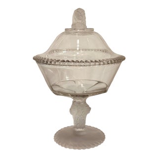 1870s Gillinder & Sons Frosted Lion Covered Glass Compote For Sale