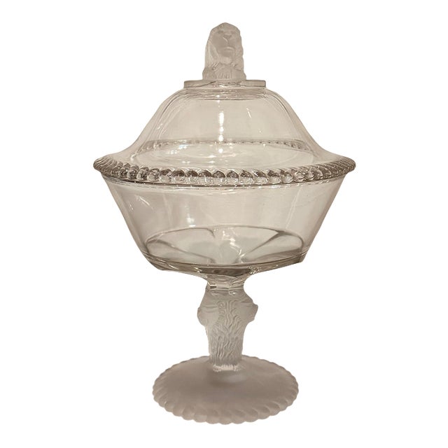 1870s Gillinder & Sons Frosted Lion Covered Glass Compote For Sale