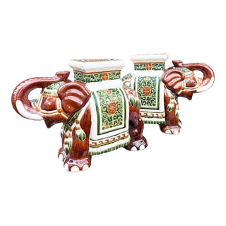 Boho Chic Painted and Glazed Ceramic Elephant Planters/Side Table - A Pair For Sale
