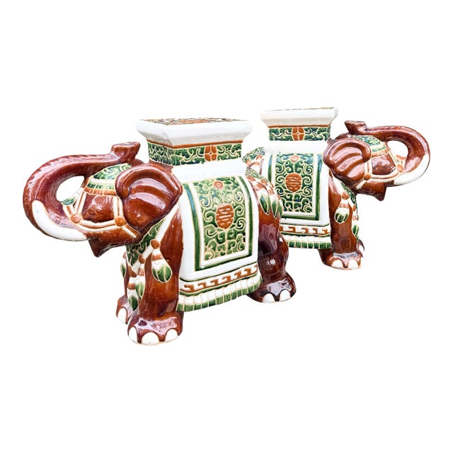 Boho Chic Painted and Glazed Ceramic Elephant Planters/Side Table - A Pair For Sale