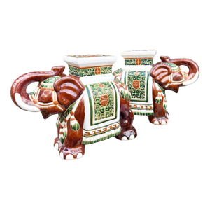 Boho Chic Painted and Glazed Ceramic Elephant Planters/Side Table - A Pair